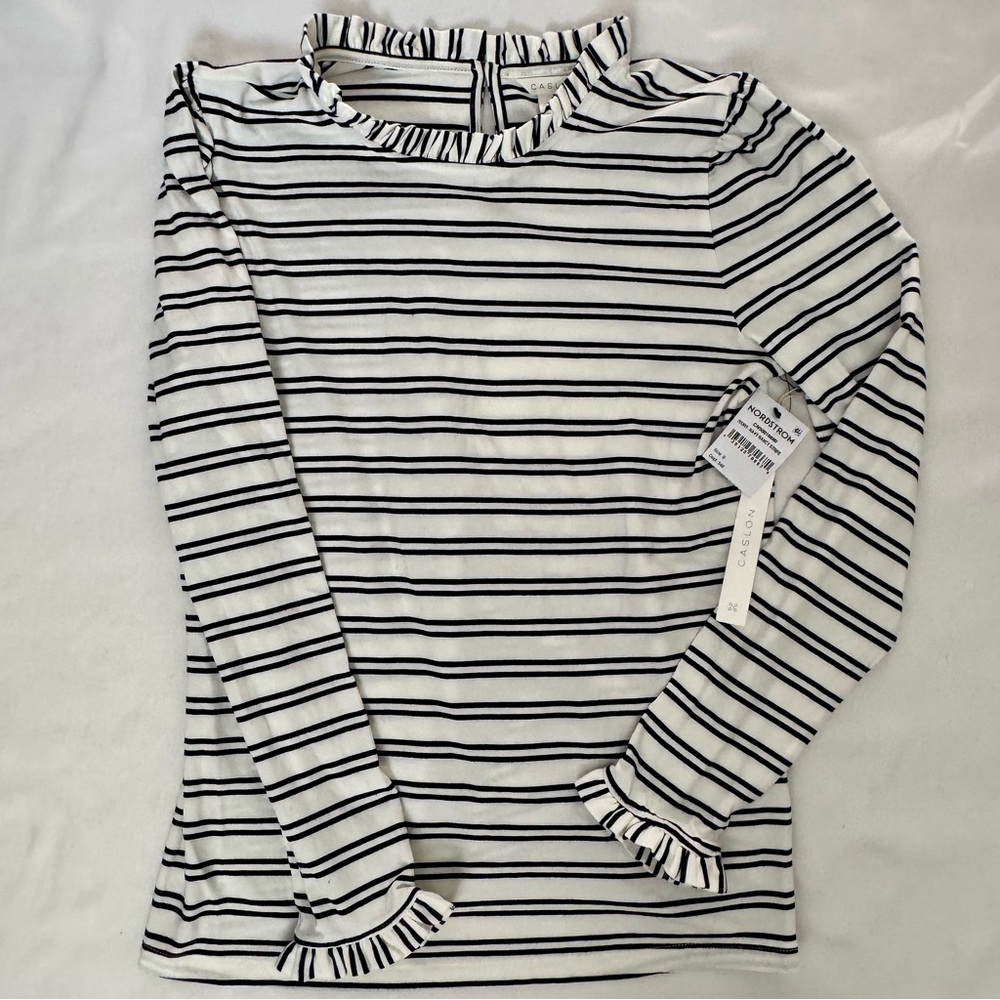 Caslon White & Black Striped Ruffle Blouse | Size S